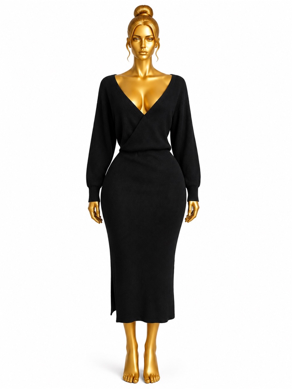 Black Wrap Midi Dress Size 6 Medium Long Sleeve V-Neck